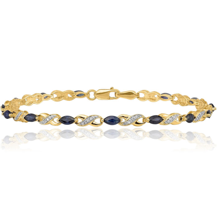 10K Solid Yellow Gold Diamond Blue Sapphire Infinity Twisted Love Knot Symbol Chain Bracelet