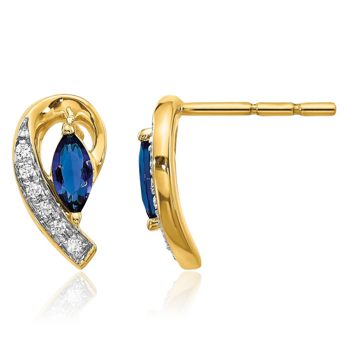 10K Solid Yellow Gold Diamond Blue Sapphire Studs Gemstone Earrings September Birthstone Jewelry