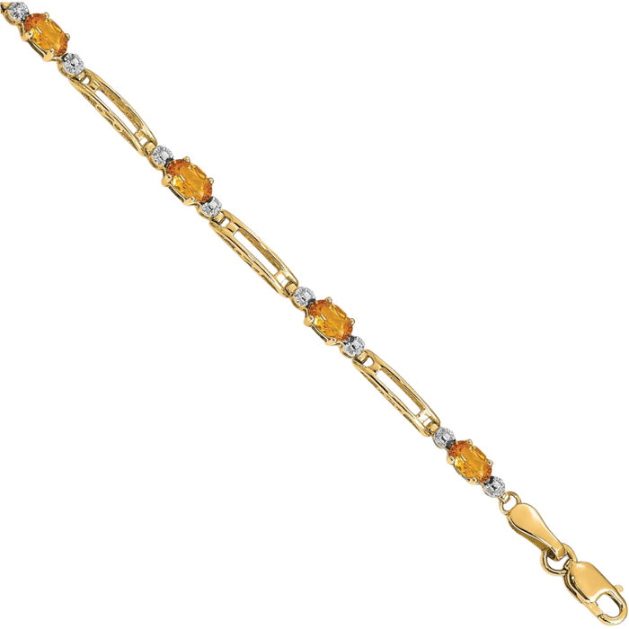 10K Solid Yellow Gold Diamond Orange Citrine Chain Gemstone Tennis Bracelet