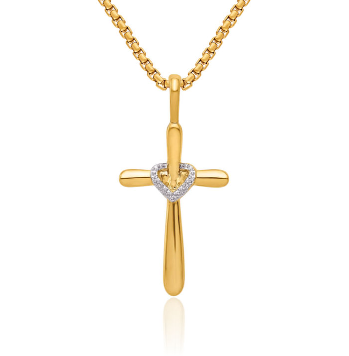 10K Solid Yellow Gold Diamond Holy Cross Heart Necklace Religious Chain Pendant Jesus Christ Charm