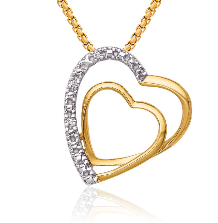 10K Solid Yellow Gold Diamond Double Heart Floating Chain Slide Pendant Necklace Charm