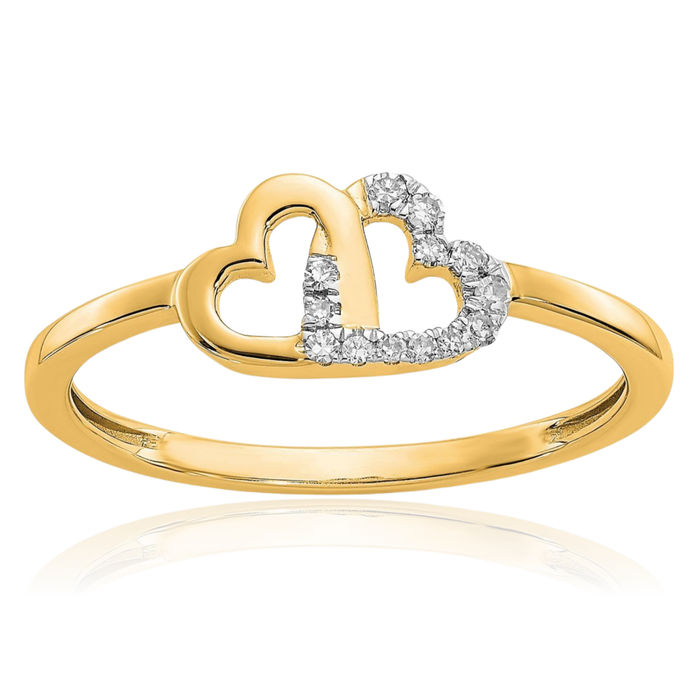 10K Solid Yellow Gold Diamond Double Heart Ring Love Band