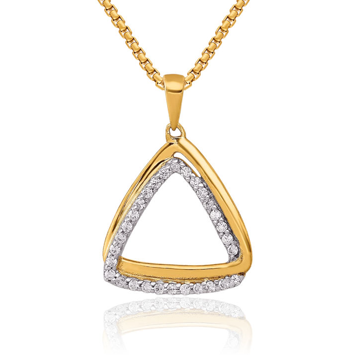 10K Solid Yellow Gold Diamond Double Triangle Geometric Necklace Chain Pendant Charm