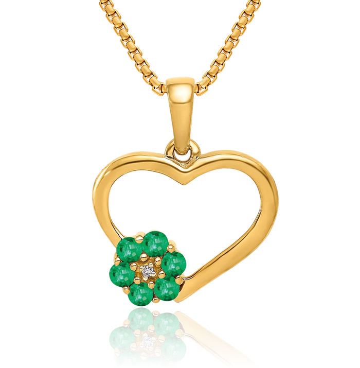 10K Solid Yellow Gold Diamond Green Emerald Heart Flower Necklace Charm Gemstone Pendant