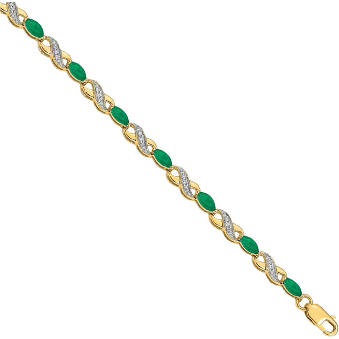 10K Solid Yellow Gold Diamond Green Emerald Infinity Twisted Love Knot Symbol Chain Bracelet