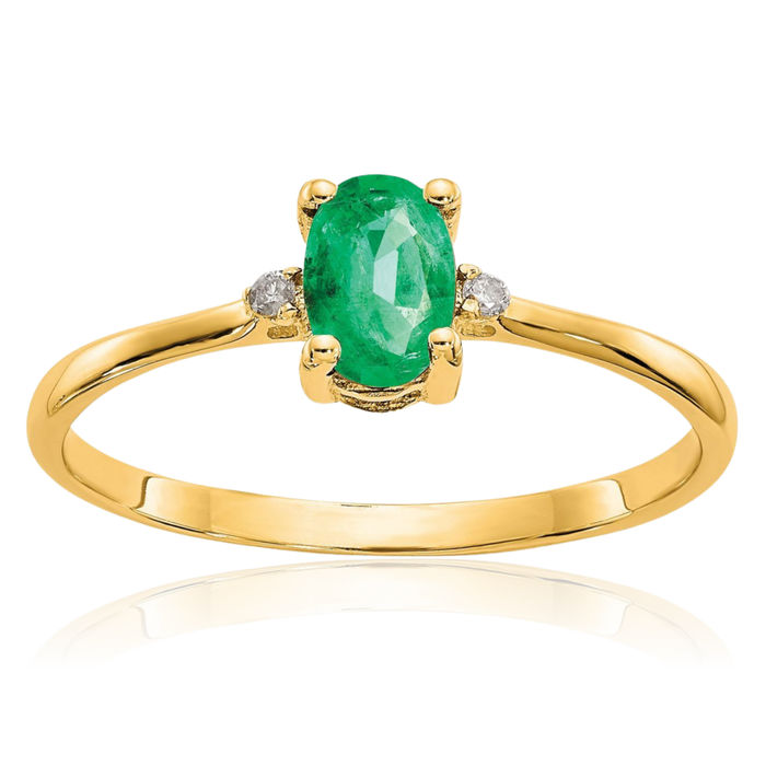 10K Solid Yellow Gold Diamond Green Emerald Ring Gemstone Band April May Birthstone Jewelry