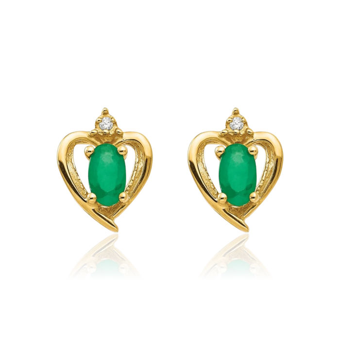 10K Solid Yellow Gold Diamond Green Emerald Stud Earrings Gemstone Post Push Back May Birthstone Jewelry