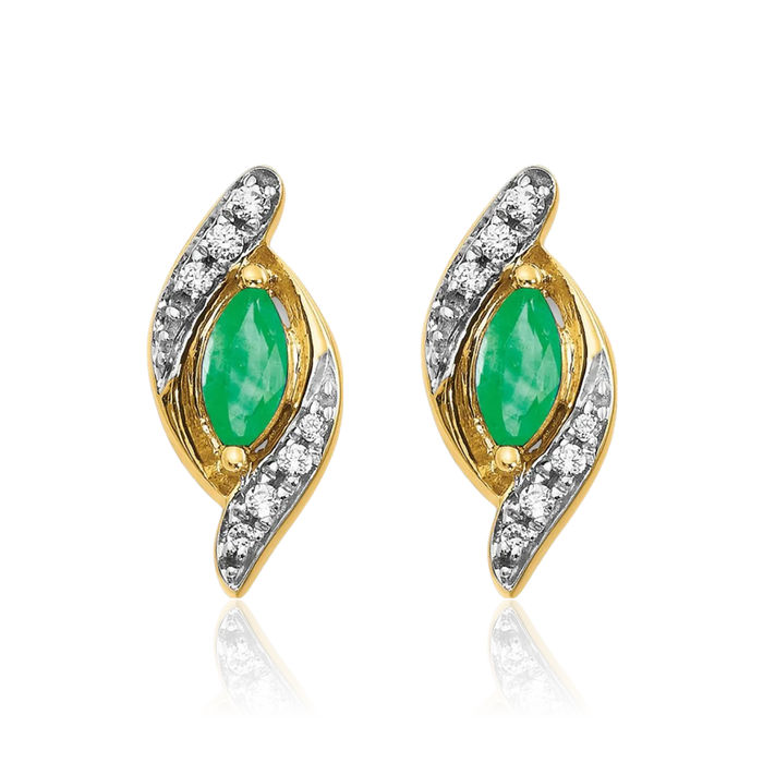 10K Solid Yellow Gold Diamond Green Emerald Studs Gemstone Earrings May Birthstone Jewelry