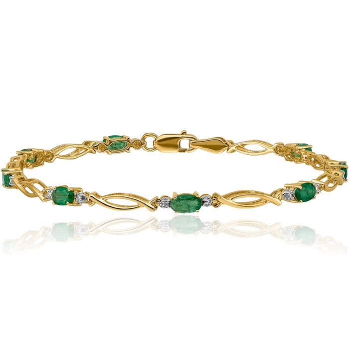 10K Solid Yellow Gold Diamond Green Emerald Chain Gemstone Tennis Bracelet