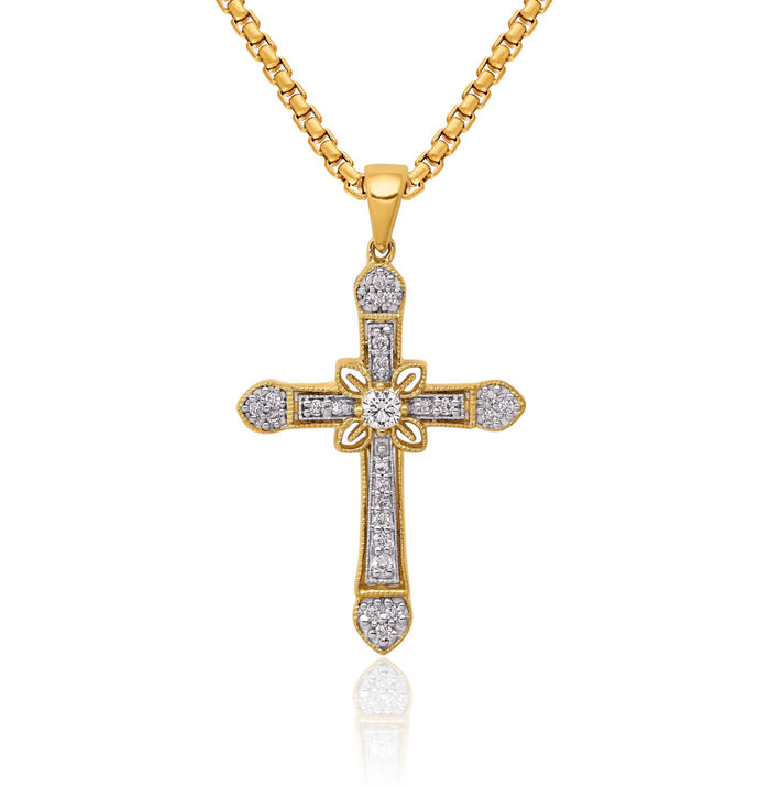 10K Solid Yellow Gold Diamond Antique Filigree Holy Cross Necklace Religious Chain Pendant Jesus Christ Charm