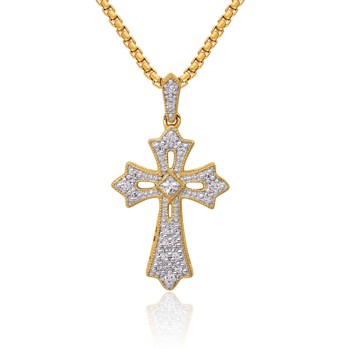 10K Solid Yellow Gold Diamond French Fleur De Lis Lily Flower Holy Cross Necklace Religious Chain Pendant Jesus Christ Charm