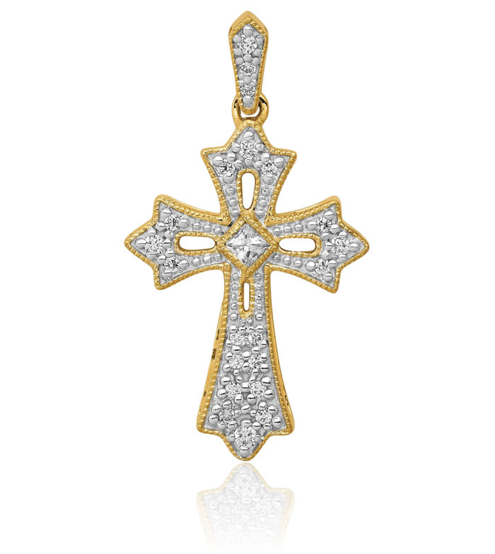 10K Solid Yellow Gold Diamond French Fleur De Lis Lily Flower Holy Cross Necklace Religious Chain Pendant Jesus Christ Charm