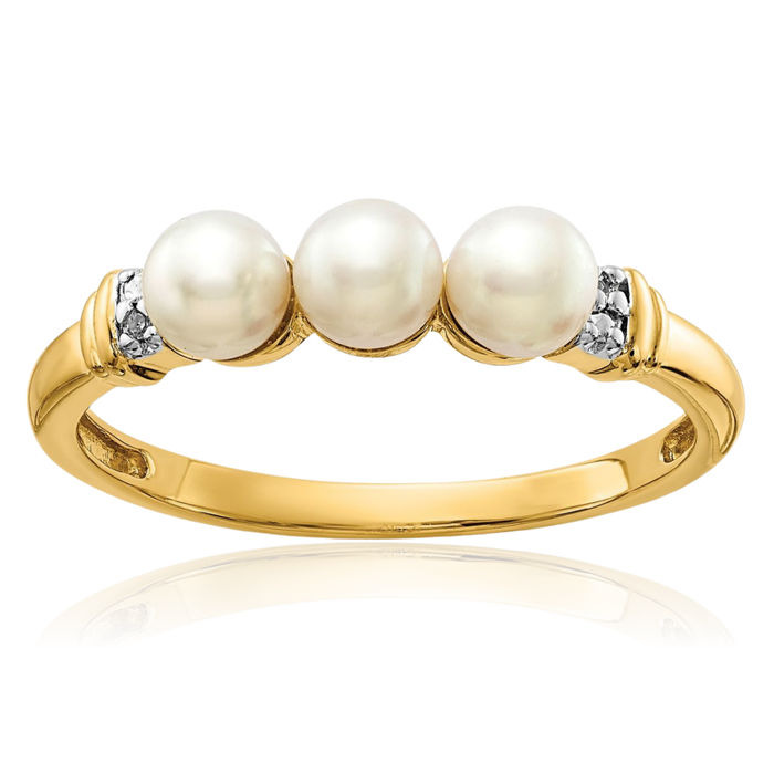 10K Solid Yellow Gold Diamond Freshwater Cultured 3 Pearl Statement Ring