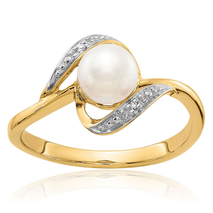 10K Solid Yellow Gold Diamond Freshwater Cultured Pearl Statement Ring