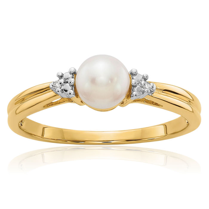 10K Solid Yellow Gold Diamond Freshwater Cultured Pearl Statement Ring