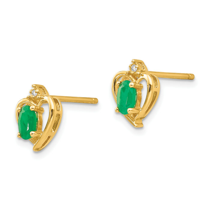 10K Solid Yellow Gold Diamond Green Emerald Stud Earrings Gemstone Post Push Back May Birthstone Jewelry