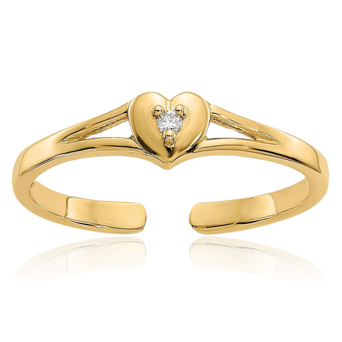 10K Solid Yellow Gold Diamond Heart Adjustable Toe Ring Open Midi Band Summer Beach Jewelry