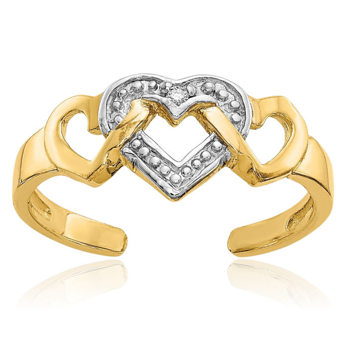 10K Solid Yellow Gold Diamond Heart Adjustable Toe Ring Open Midi Band Summer Beach Jewelry