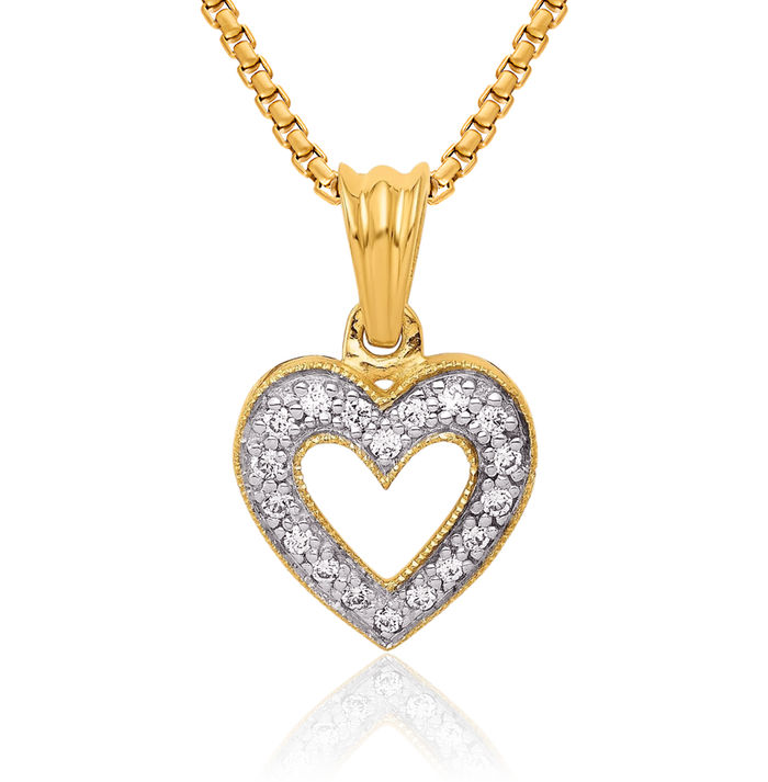 10K Solid Yellow Gold 0.10 carat Diamond Small Heart Pendant Necklace
