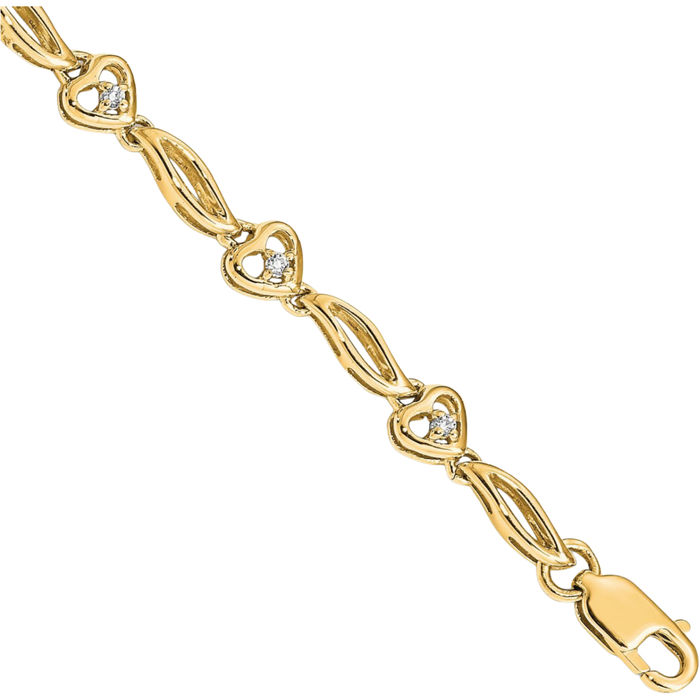 10K Solid Yellow Gold Diamond Heart Tennis Charm Bracelet