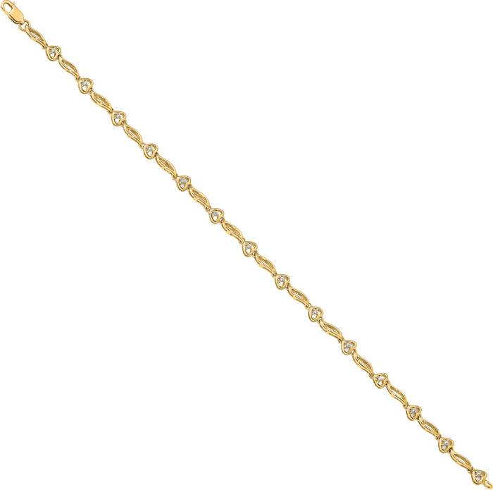 10K Solid Yellow Gold Diamond Heart Tennis Charm Bracelet