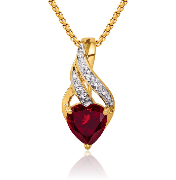 10K Solid Yellow Gold Diamond Lab Red Ruby Heart Necklace Gemstone Pendant Charm