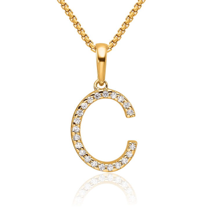 10K Solid Yellow Gold Diamond Dainty Letter C Initial Name Monogram Necklace Chain Pendant Charm