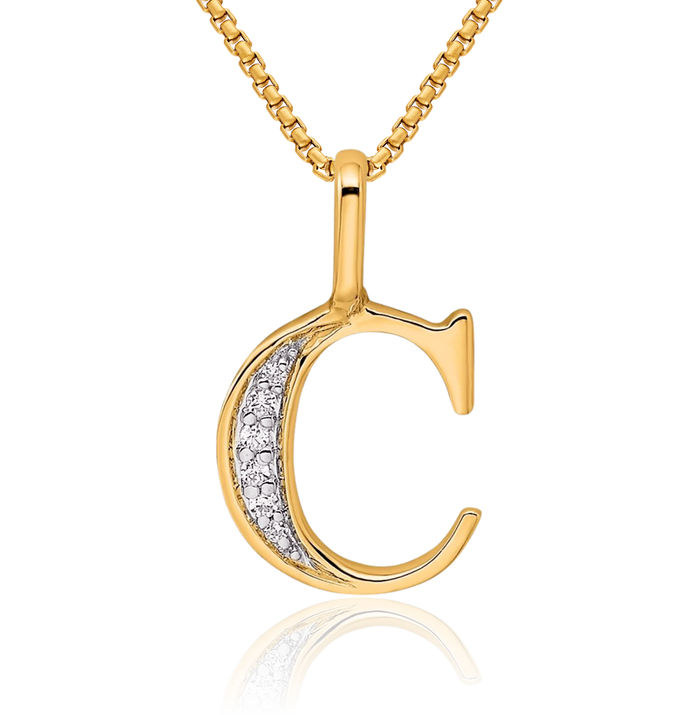 10K Solid Yellow Gold Diamond Dainty Letter C Initial Name Monogram Necklace Chain Pendant Charm