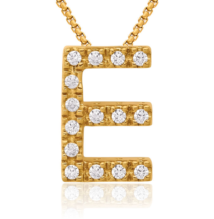 10K Solid Yellow Gold Diamond Dainty Letter E Initial Name Monogram Necklace Chain Pendant Charm