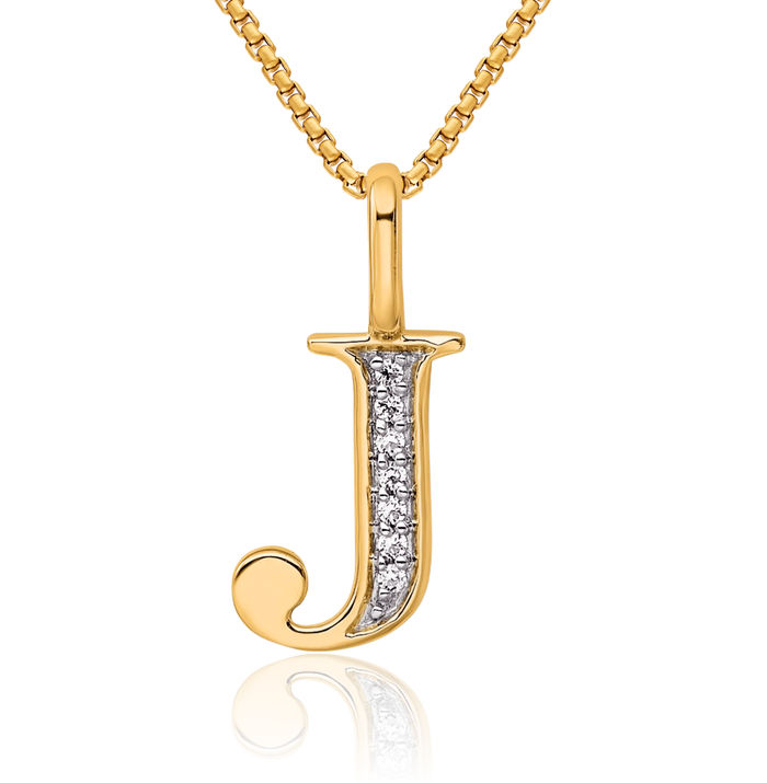 10K Solid Yellow Gold Diamond Dainty Letter J Initial Name Monogram Necklace Chain Pendant Charm