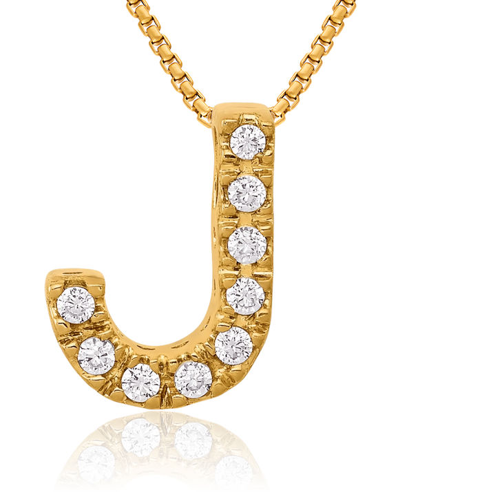 10K Solid Yellow Gold Diamond Dainty Letter J Initial Name Monogram Necklace Chain Pendant Charm