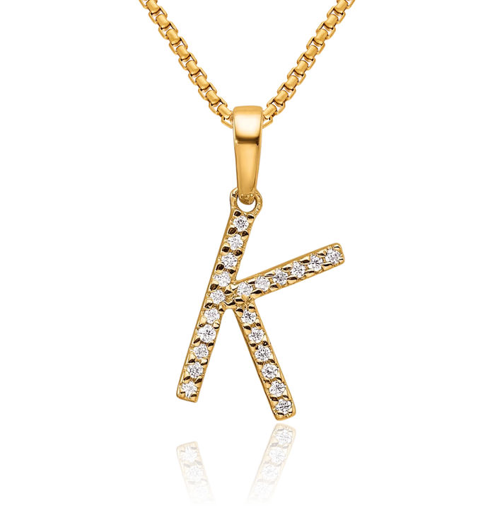 10K Solid Yellow Gold Diamond Dainty Letter K Initial Name Monogram Necklace Chain Pendant Charm