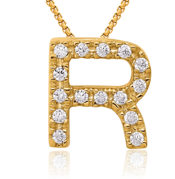 10K Solid Yellow Gold Diamond Dainty Letter R Initial Name Monogram Necklace Chain Pendant Charm