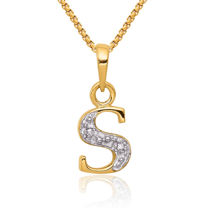 10K Solid Yellow Gold Diamond Dainty Letter S Initial Name Monogram Necklace Chain Pendant Charm