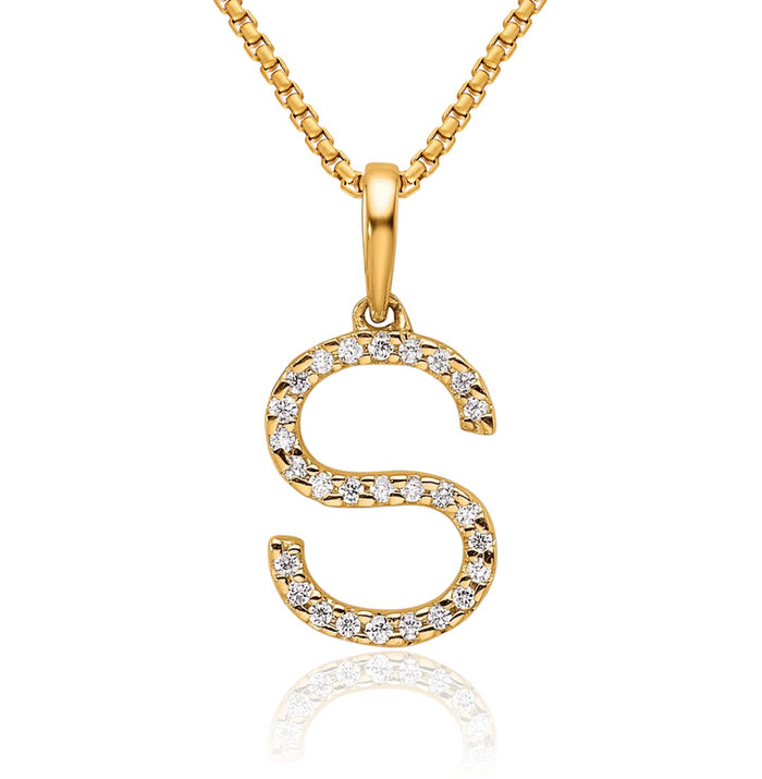 10K Solid Yellow Gold Diamond Dainty Letter S Initial Name Monogram Necklace Chain Pendant Charm