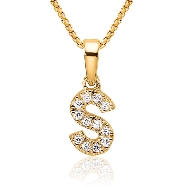 10K Solid Yellow Gold Diamond Dainty Letter S Initial Name Monogram Necklace Chain Pendant Charm