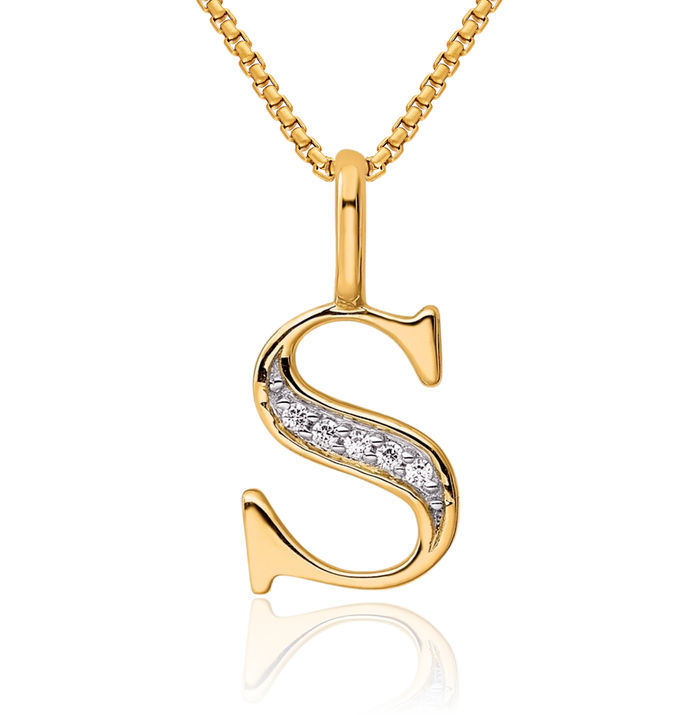 10K Solid Yellow Gold Diamond Dainty Letter S Initial Name Monogram Necklace Chain Pendant Charm