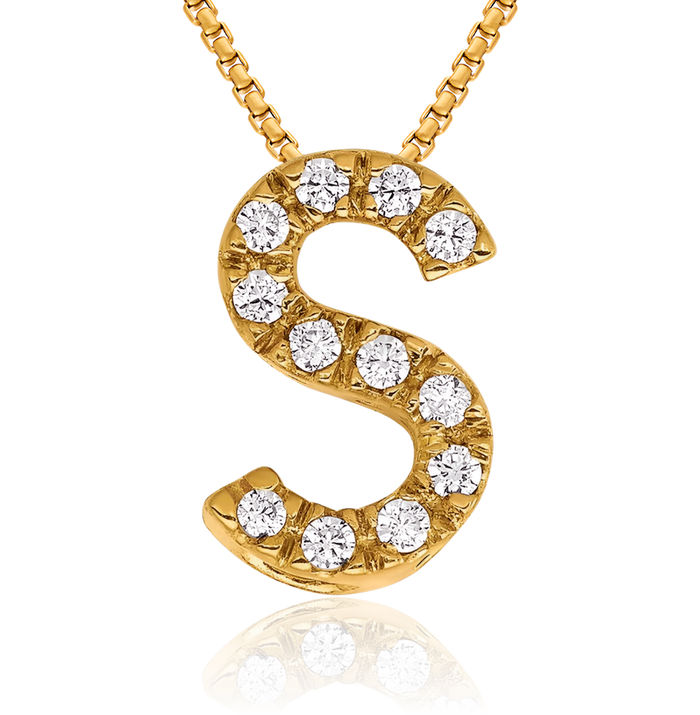 10K Solid Yellow Gold Diamond Dainty Letter S Initial Name Monogram Necklace Chain Pendant Charm