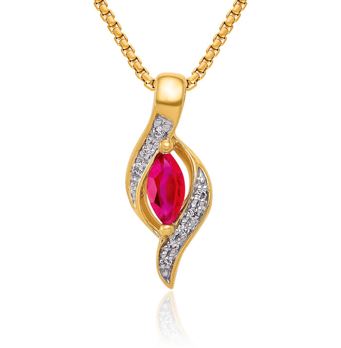 10K Solid Yellow Gold Diamond Marquise Red Ruby Necklace Charm Gemstone Pendant