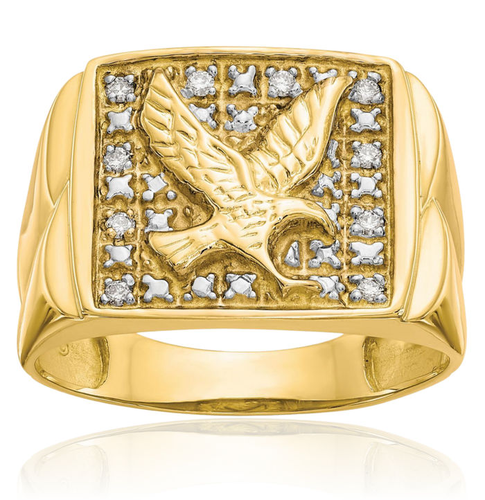 10K Solid Yellow Gold Diamond Mens Eagle Ring American Hawk Bird Head Band Symbol of Strength Freedom