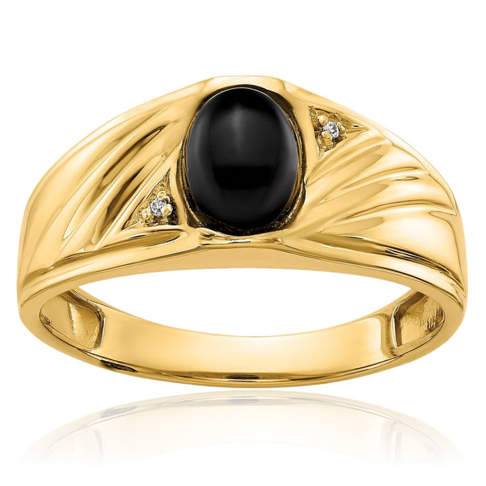 10K Solid Yellow Gold Diamond Black Onyx Mens Statement Ring