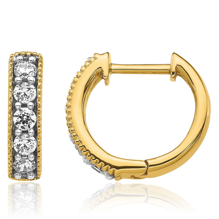 10K Solid Yellow Gold Diamond Milgrain Round Huggie Mini Hoop Earrings