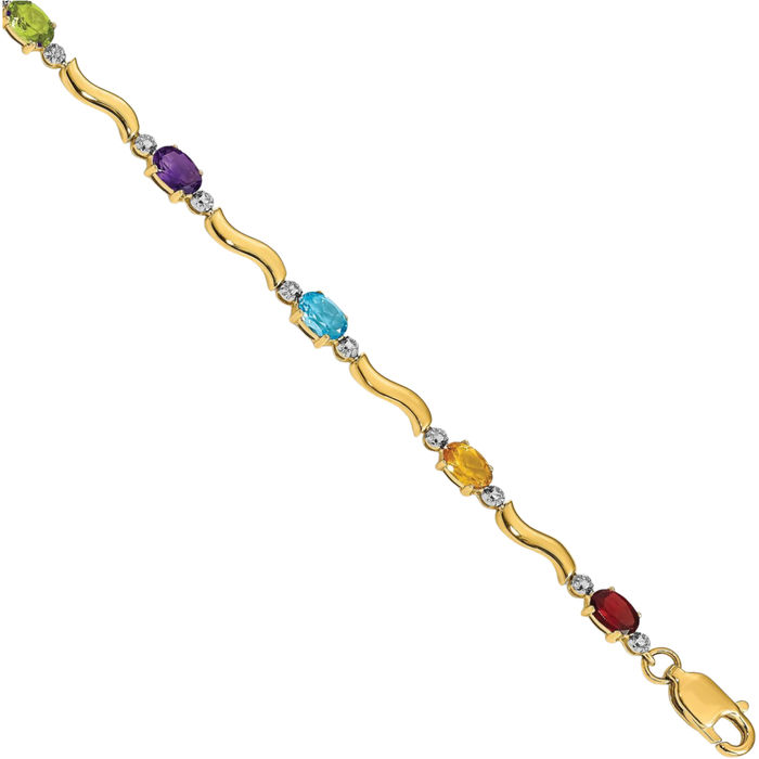 10K Solid Yellow Gold Diamond Rainbow Multi-color Gemstone Tennis Bracelet