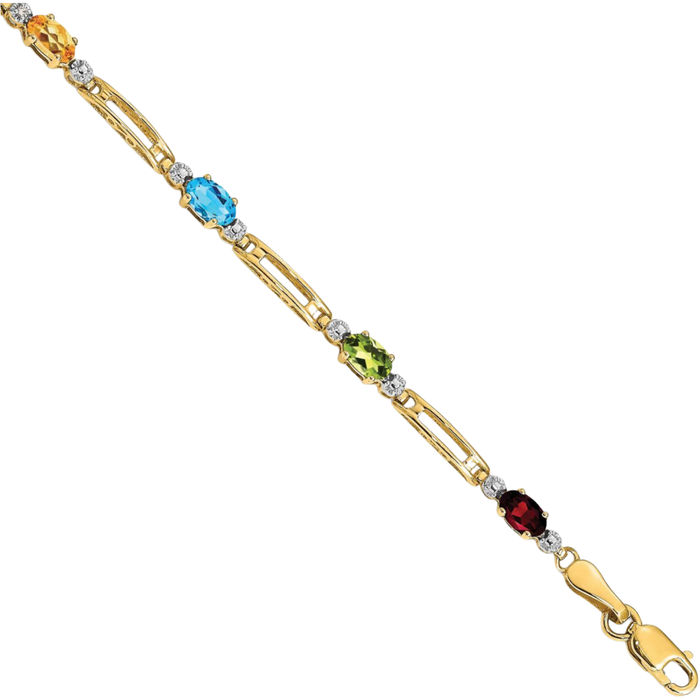 10K Solid Yellow Gold Diamond Gemstone Rainbow Multi-color Tennis Bracelet