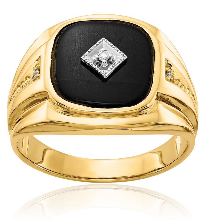 10K Solid Yellow Gold Diamond Black Onyx Mens Ring