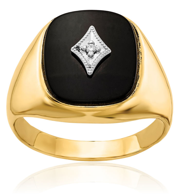 10K Solid Yellow Gold Diamond Black Onyx Mens Ring