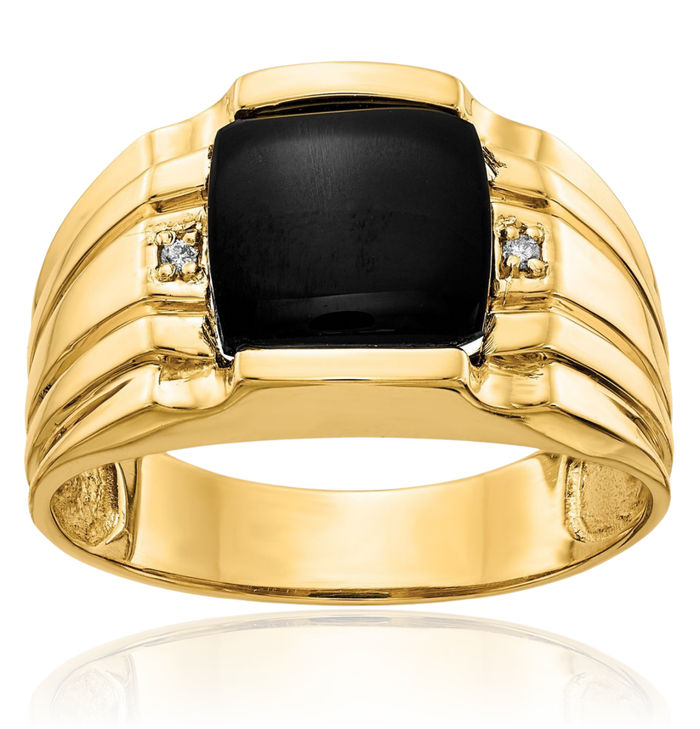 10K Solid Yellow Gold Diamond Black Onyx Mens Ring