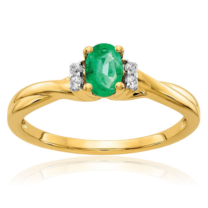 10K Solid Yellow Gold Diamond Oval Green Emerald Ring Gemstone Band