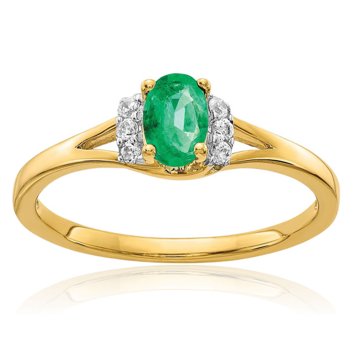 10K Solid Yellow Gold Diamond Oval Green Emerald Ring Gemstone Band