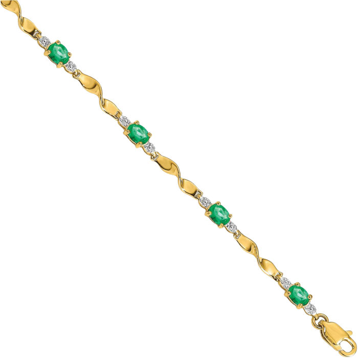 10K Solid Yellow Gold Diamond Oval Green Emerald Chain Gemstone Tennis Bracelet